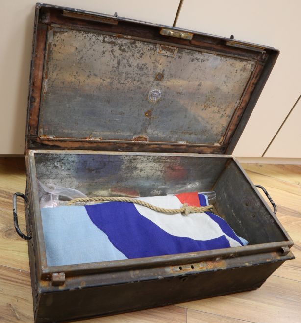 An RAF ensign flag, probably WWII and an Air Ministry metal trunk dated 1943